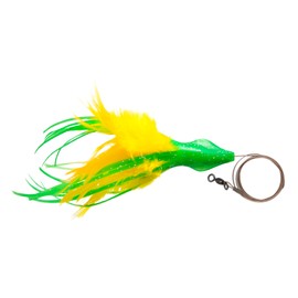No Alibi, Dolphin Delight Rigged & Ready, Green/Yellow Skirt, 1/4 oz / 7.0 g Lead Head, 4.5 in / 11.4 cm, 7/0 Hook, Swivel, 135 lb / 61 kg Cable, 3 ft / 0.9 m
