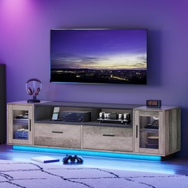 DWVO Modern TV Stands for Living Room with Power Outlets, Farmhouse TV Stand for 65+ inch TV, LED Entertainment Center with Storage Cabinet, TV Console Cabinet, Gaming Media Stand, Rustic Grey