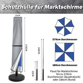 NAKIHOUSE Parasol Cover, Protective Cover, Waterproof, Weatherproof, UV-Anti, Windproof Umbrella Cover for Outdoor Umbrellas and Market Umbrellas, (170 x 25/35 cm, Silver Grey)