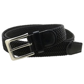 Mens Braided Elastic Stretch Belt Leather Tipped End and Silver Metal Buckle (Black-L)