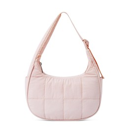 Puffer Crescent Shoulder Bag for Women, Nylon Quilted Bag, Underarm Handbag with Adjustable Shoulder Straps, Pink, Small