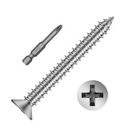 #10 x 1-1/2" 100 PCS Flat Head Sheet Metal Screws, Phillips Drive Self Tapping Screws, Stainless Steel Countersunk Head Wood Screws, Plain Finish, Screwdriver Bit Included