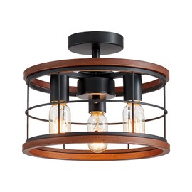3-Light Semi Flush Mount Ceiling Light Fixture Vintage Ceiling Light Farmhouse Metal Cage Ceiling Lamp for Kitchen Dining Room Hallwa Bedroom Living Room (Dark Wood Color)