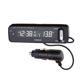 Napolex Fizz-1027 Car Voltage Meter Clock, Radio Clock with Voltmeter, Car Plug Power (12V), Alarm (Snooze), Calendar Display, Misalert Prevention, Mounting Bracket, Adjustable Angle, Digital Watch