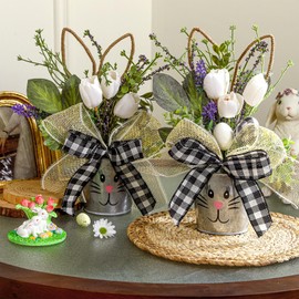 Hoteam 2 Pcs Easter Table Decor, Farmhouse Easter Centerpieces for Tables, Artificial Flower with Bunny Ear Buffalo Plaid Bows Tabletop Decoration for Home Mantle Office Spring Party