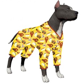 PJS Onesies for Medium Dogs - Post Surgery Shirt, UV Protection, Yellow Hamburger Print, Lightweight Pullover Pet Pajamas, Full Coverage PJ, Big Dog Onesie, XL
