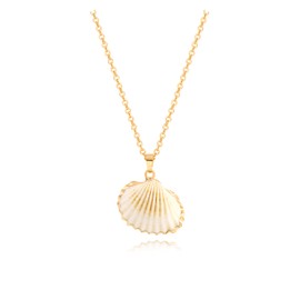 JWEIWENCAY Natural Scallop Shell Pendant Necklace Ocean Nautical beach Jewelry for women. 17”Long 18K Pated Gold chain necklace.