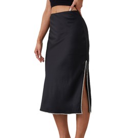chunjiangz Designer Women Elastic High Waist Rhinestones Trimmed Side Slits Versatile Satin Silky A-Line Midi Skirts (Black,Small)