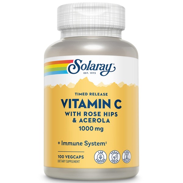 SOLARAY Vitamin C 1000mg Timed Release Capsules with Rose Hips & Acerola Bioflavonoids, Two-Stage for High Absorption & All Day Immune Function Support, 60 Day Guarantee, 100 Servings, 100 VegCaps