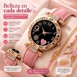 Set Reloj Cuarzo Mujer Correa Piel Rosa + 5 Pulseras Moda