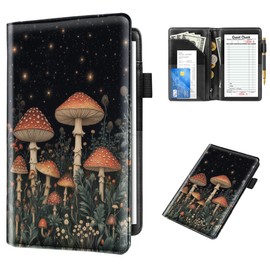 WAVEYU Cute Server Books for Waitress Waiter, Leather Guest Book Note Pad with Zipper, Money Organizer Wallet, Cash Check Bill Receipt Holder Presenter, 8x5 inch, Mushroom Pattern