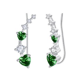 KINGWHYTE Heart Climber Earrings For Women 925 Sterling Silver May Birthstone Earrings Emerald Earrings Green Crystal Jewellery May Birthday Gifts