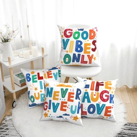 HOSTECCO Colorful Classroom Cushion Covers 45x45 cm Set of 4 Inspirational Quotes Cushion Cases Positive Reading Decorative Pillow Covers for Kids Children