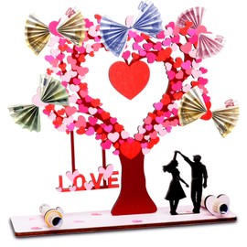 Money Gift Wedding Wood with Fairy Lights, Wedding Gifts for Bride and Groom Money, Heart-Shaped Gift for Wedding Anniversary Made of Wood (Coloured Wooden Panels), Money Tree Wedding Ideas (Red)