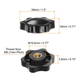 HARFINGTON 6pcs Star Knobs M6 Female Thread 38mm 6-Point Plastic Head Brass Insert Non-Through Hole Screw-in Threaded Hand Knob Clamping Handle, Black