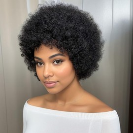 Huarisi 7 Inch Short Afro Kinky Curly Bob Wigs 1B Glueless Human Hair Pixie Cut Wig for Women No Lace Blended Rose Curls Funmi Huge Fluffy Natural Looking Black Colour