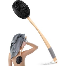 Silicone Body Scrubber with Long Wooden Handle, Dual-Sided Silicone Loofah for Men Women, Detachable Super-Exfoliating Body Scrubber and Super-Lathering Shower Brush Combination, Black Bath Personal Cleaning - Color: black