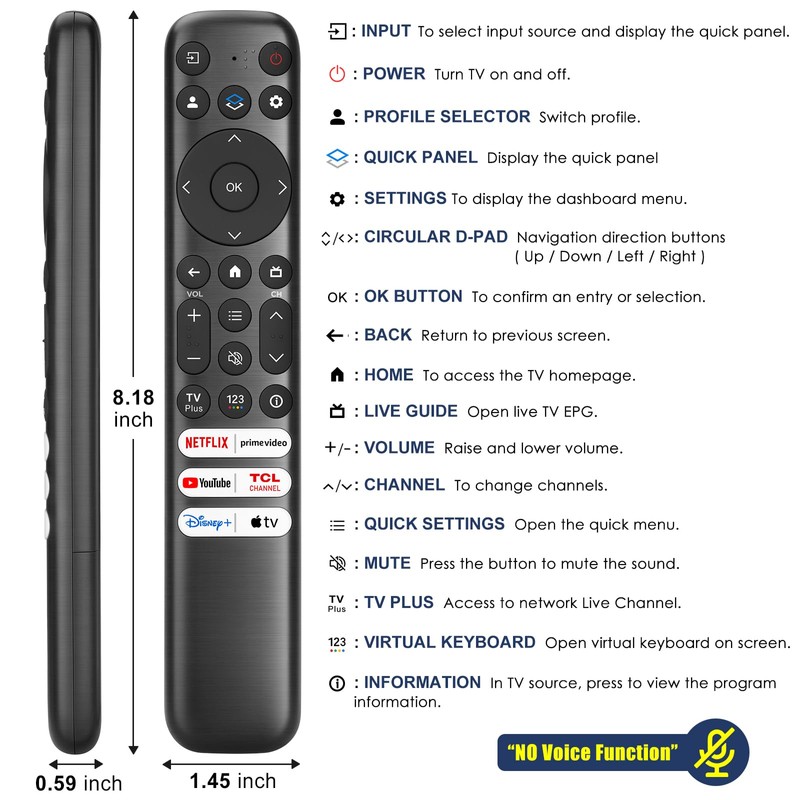 for TCL-Google-TV-Remote-Control Replacement,RC813 Compatible with TCL QM8/QM7/Q7/Q6/Q5/S5/S4/S3 4K UHD HDR