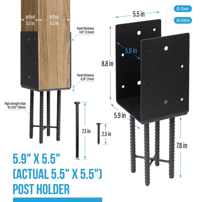 Heavy Duty U-Shape Metal Post Base Holder, 6''x6'' (Internal 5.5"x5.5"),