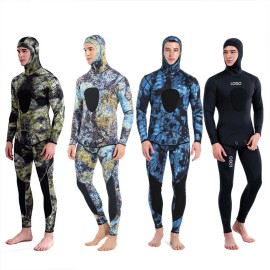DEMMET Camouflage 5mm Neoprene Hooded Long Sleeve Two-Piece Wetsuit High Stretch Harpoon Fishing & Diving Suitcolor: Green, Size: XL