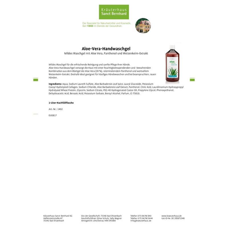 Sanct Bernhard Aloe Vera Hand Wash Gel 1 Litre