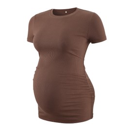 Liu & Qu Womens Maternity Shirts Ribbed Short Sleeve Maternity Tops Casual Crew Neck Side Ruched Pregnancy Clothes