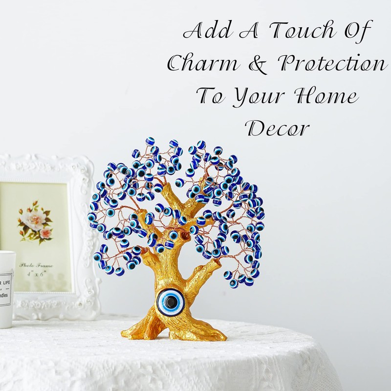 8'' Turkish Blue Evil Eye Tree Golden Feng Shui Decor