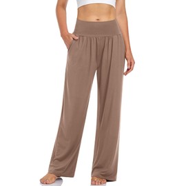 UEU Women's Wide Leg High Waisted Sleep Yoga Pants Casual Loose Fit Sweatpants Comfy Lounge Pant with Pockets(LightCoffee,M)