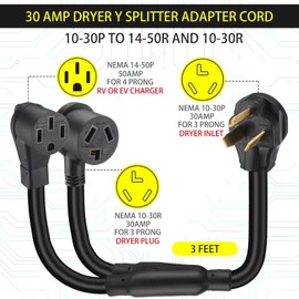 Tellegloww 30 Amp Dryer Y Splitter to RV/EV Compatible with NEMA 10-30P to 14-50R/10-30R 3 Prong 30A to 4 Prong 50 A Y Adapter Cord for EV Charging Dryer 10 AWG with Safety Ground Wire, 3FT (Black)