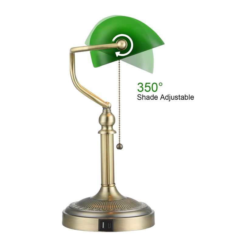 Newrays Green Glass Bankers Desk Lamp with Pull Chain Switch