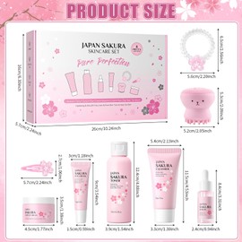 Japan Sakura Skin Care Set for Teenage Girls, 8 Pieces, with Cleansing, Toner, Cream, Serum, Eye Serum, Brush, Hair Tie and Clips, Moisture Skincare, Anti-Ageing Face Care Set