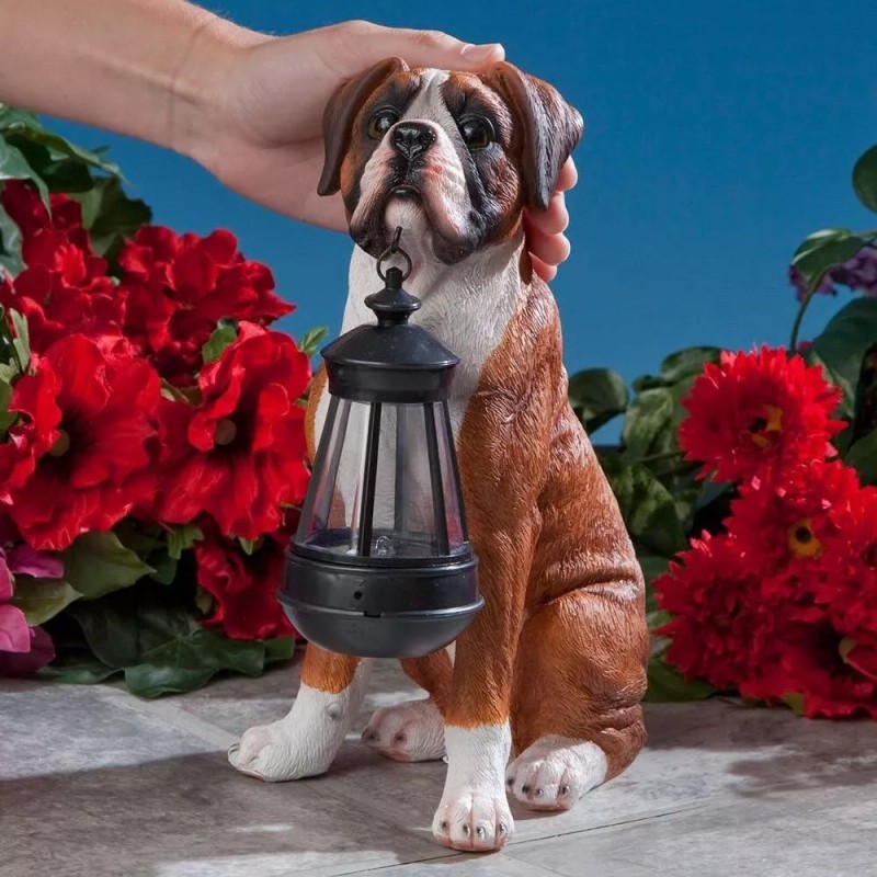 ATCS Realistic Boxer Puppy Dog Garden Sculpture Holding Solar LED