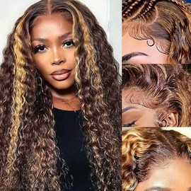 Highlight Lace Front Wig Human Hair 180% Density Brazilian Wet and Wavy Human Hair Wigs for Black Women Curly P4/27 Colored 13x4 Lace Frontal Wigs Human Hair (P4/27 Highlight Color, 20 Inch)