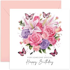 Old English Co. Traditional Birthday Card for Her - Pink Purple Flower Bouquet with Butterflies Artwork Birthday Card for Female Friend - Stylish Birthday Card for Sister, Mum, Auntie | Blank Inside