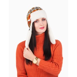 Team Snowflake Winter Trapper Hat for Women - Fun Ushanka Hat with Ear Flaps, White - Orange, One Size