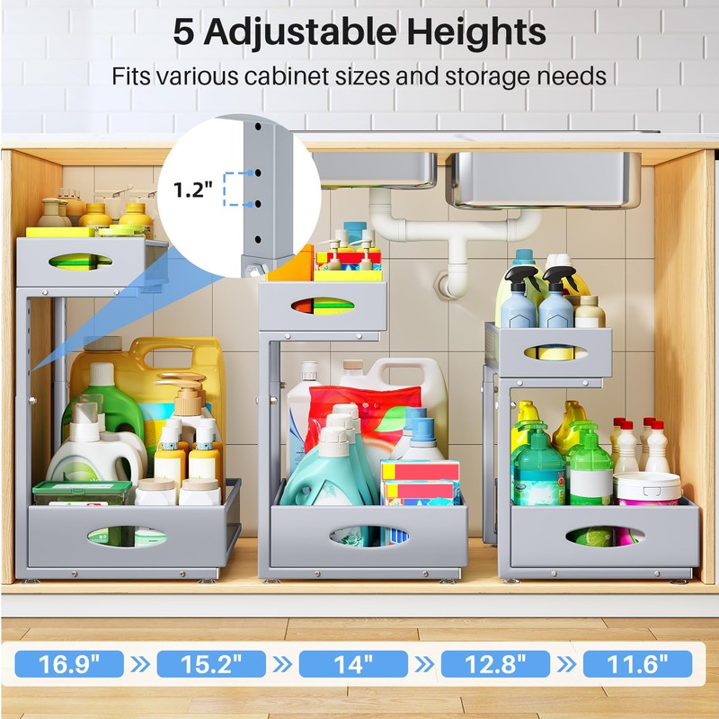 Under Sink Organizer, 2 Pack 2 Tier Pull Out Under
