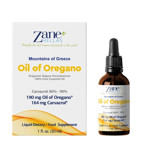 Zane Hellas 100% Undiluted Oregano Oil Pure Greek Essential Oil of Oregano .86% Min Carvacrol 164mg Carvacrol Per Serving Probably the Best Oregano Oil in the World 1fl. 30ml