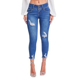 YMI Womens Junior Wannabettabutt 3-Button Mid-Rise Fray Hem Skinny Ankle Denim Jeans, Indigo Blue Rips, 7