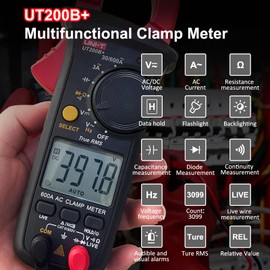 Clamp Meter, UNI-T UT200B+ Current Clamp AC Current True RMS Current Meter Auto Ranging with Live Wire Detection for AC/DC Voltage, AC Current, Resistance, Diodes, Capacitance, Continuity