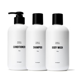 Public Goods Shower Essentials for Men and Women | Natural Shampoo, Conditioner & Body Wash | Made with Organic Essential Oils | Sulfate & Paraben Free | Vegan Friendly | 12 Fl Oz Bottles
