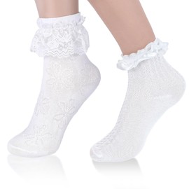 Tyqour 2 Pairs White Lace Socks, Women's Ruffle Socks for Women, Lace Socks with Ruffles, Soft Cotton Socks, Cute Lace Socks, Ruffle Socks Set, Cute Ballet Socks for Girls