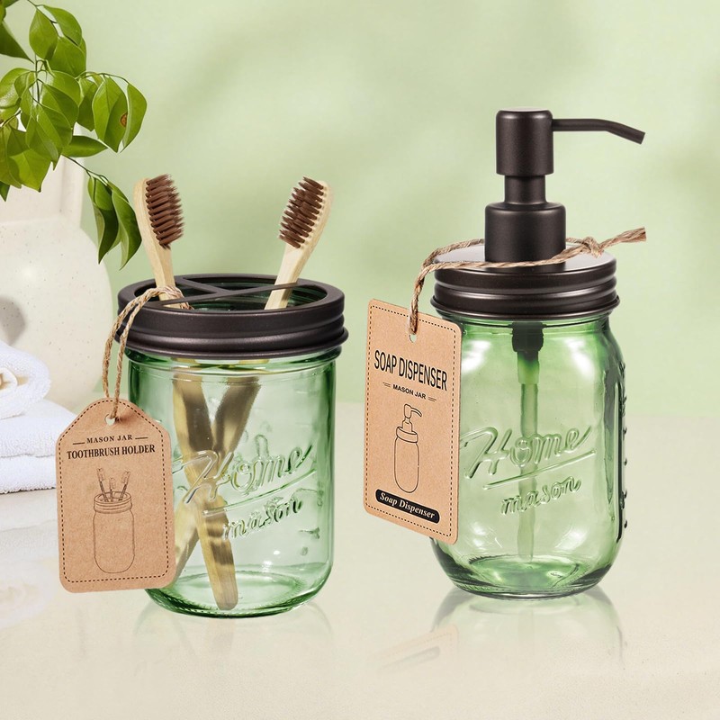 Amolliar Mason Jar Bathroom Accessories Set, 4 Pcs Green Glass