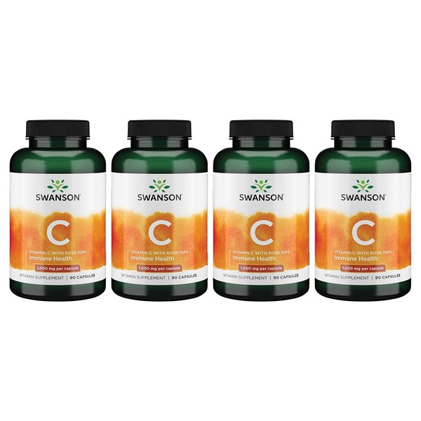 Swanson Vitamin C w/Rose Hips - Herbal Supplement Promoting Skin Health, Heart Health & Immune System Support - Natural Formula Promoting Protection & Wellness - (90 Capsules, 1000mg Each) 4 Pack