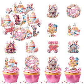 Fyeoxle 36PCS Edible Candyland Cupcake Toppers Wafer Paper Sweet Candy Cupcake Decor Wafer Sheet Edible Candy Dessert Picks for Candy Theme Birthday Baby Shower Party Decor