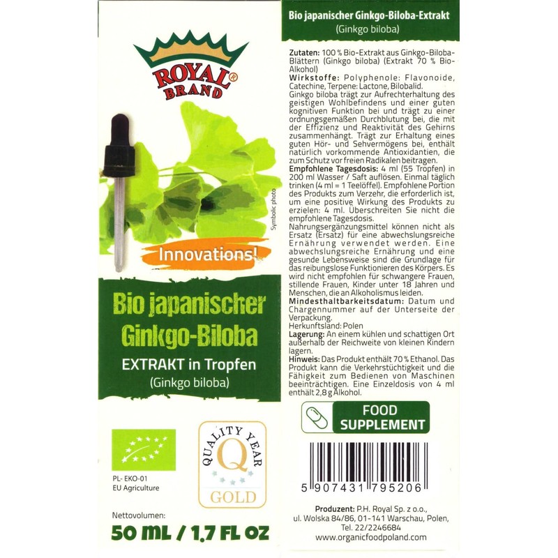 Ginkgo Biloba Organic Extract / 50 ml / Supports Cognitive
