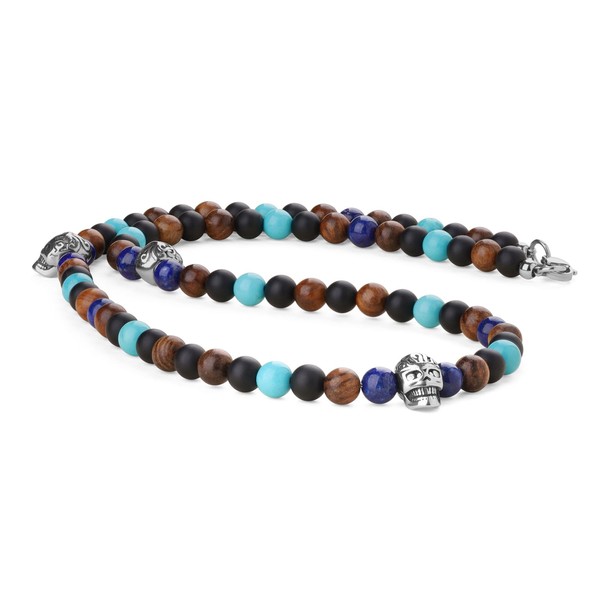 COAI Wood Beads Turquoise Onyx Lapis Lazuli Men's Skull Necklace