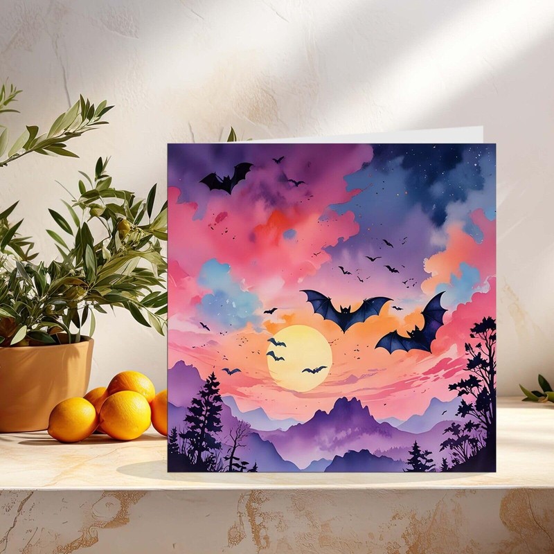 Bat Greeting Card - Bat Moon Purple Sky Gothic -