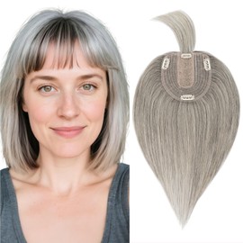 SEGOHAIR Human Hair Topper for Women, with Silk Base 3.94x4.72, 8 Inches, 4 Clips, for Thinning Hair, with Front Bangs, Salt and Pepper Color, Natural Look
