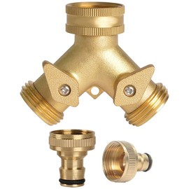 2 Way Brass Tap Connector, Garden Hose Splitter 2 Way Y Valve Brass Hose Connector Garden Tap with 2Pcs 3/4" Garden Hose Tap Connector
