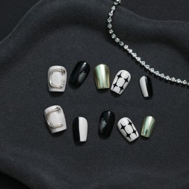 Tesytto Trendy Press On Nails Black White Gold - 3D Short Square Nails Metallic Glitter Glossy Reusable Gel Press on Acrylic Fake Nail for Daily Nail Art (Starry Glow,S)